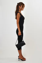 April Seven Beverly Top in black – sculpted fitted top with plunging neckline, cap sleeves, and contoured design.