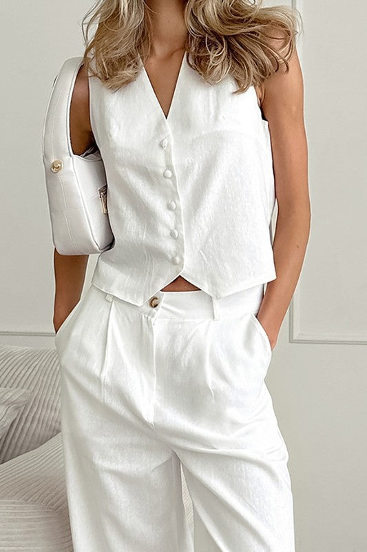 Notched Vest with Wide-Leg Pants Set