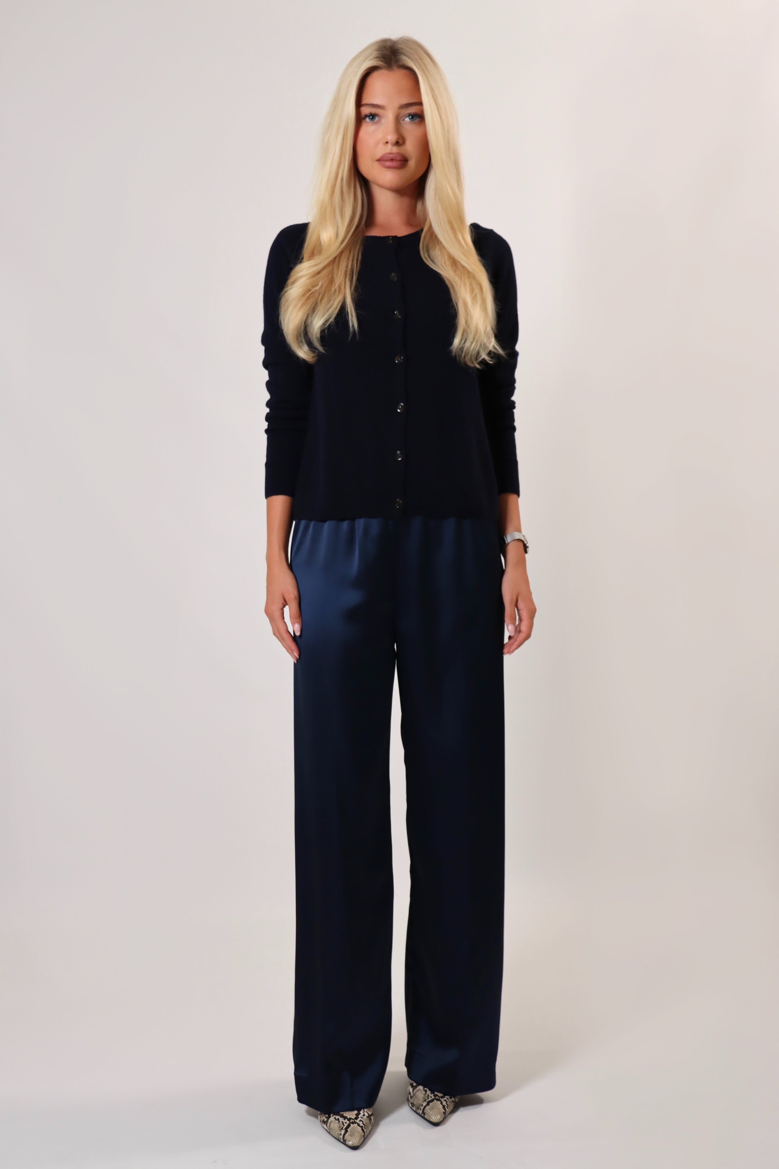 Classic navy satin pants designed for effortless chic style