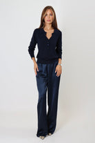 Navy satin pants with relaxed fit and mid-rise elastic waist – April Seven