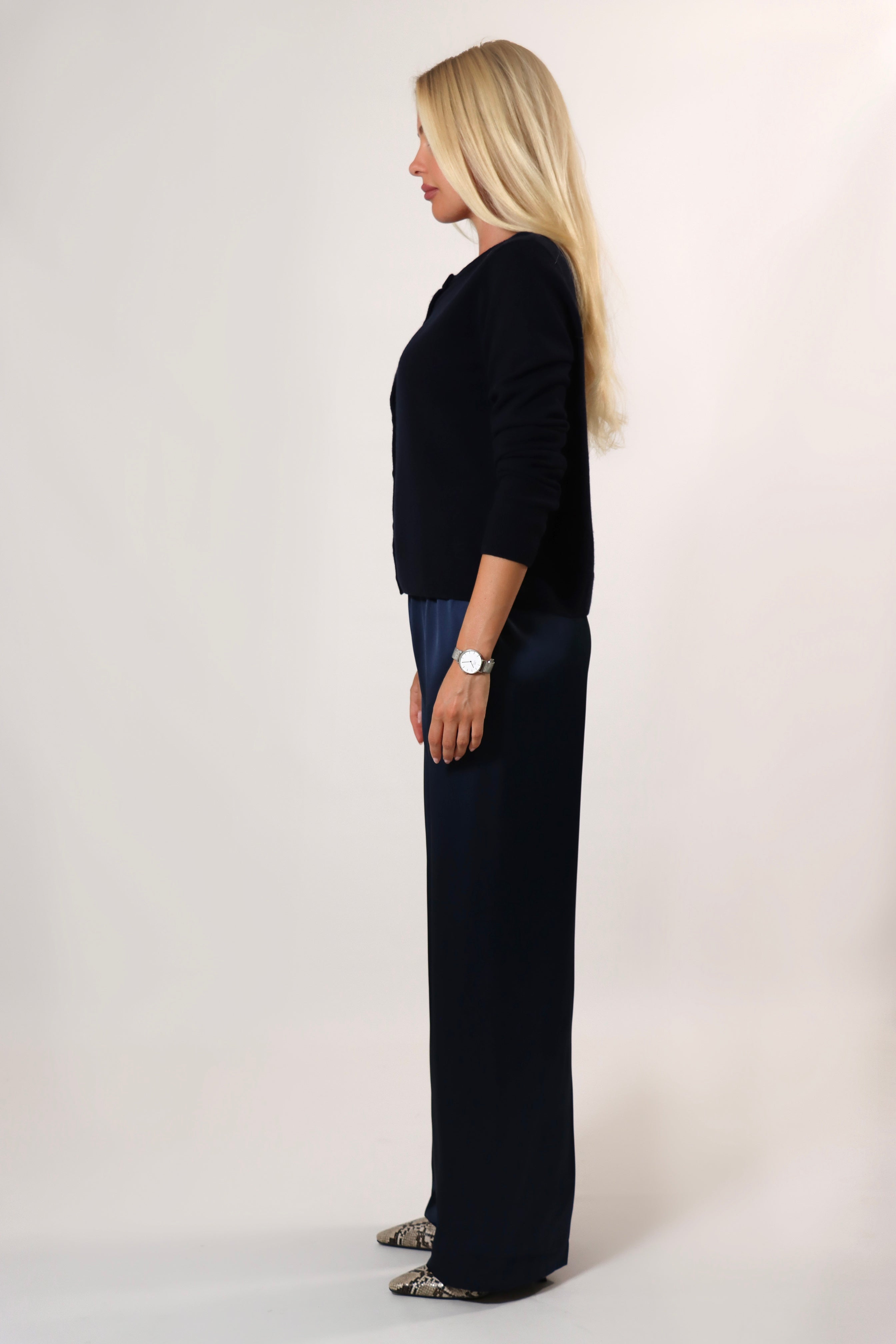 Classic navy satin pants designed for effortless chic style