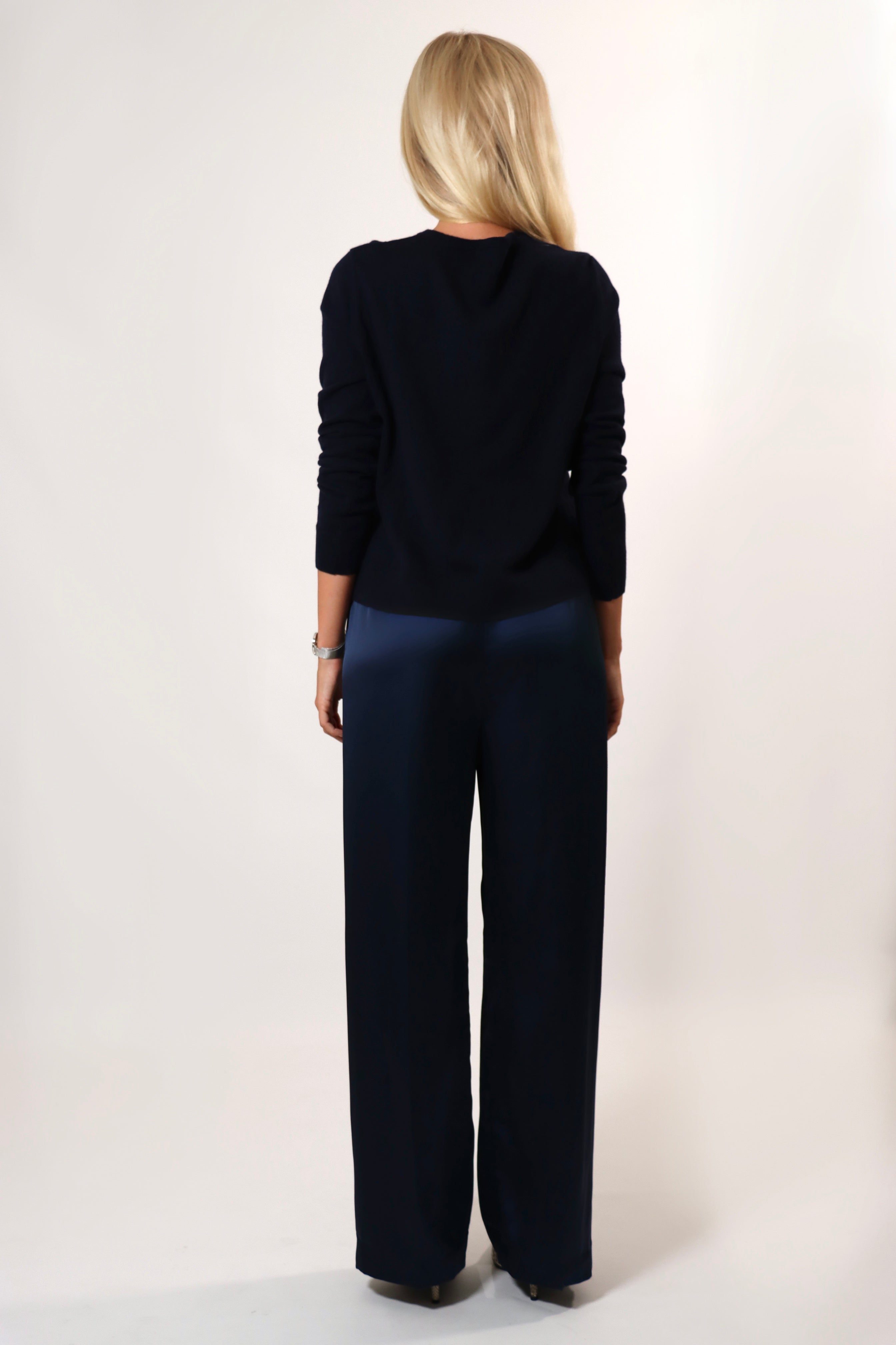 Classic navy satin pants designed for effortless chic style