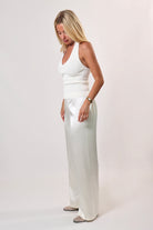 Ivory satin pants with flowy drape and wide leg – April Seven