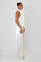 April Seven April Satin Top – sleeveless backless satin blouse with draped cowl neckline in soft satin