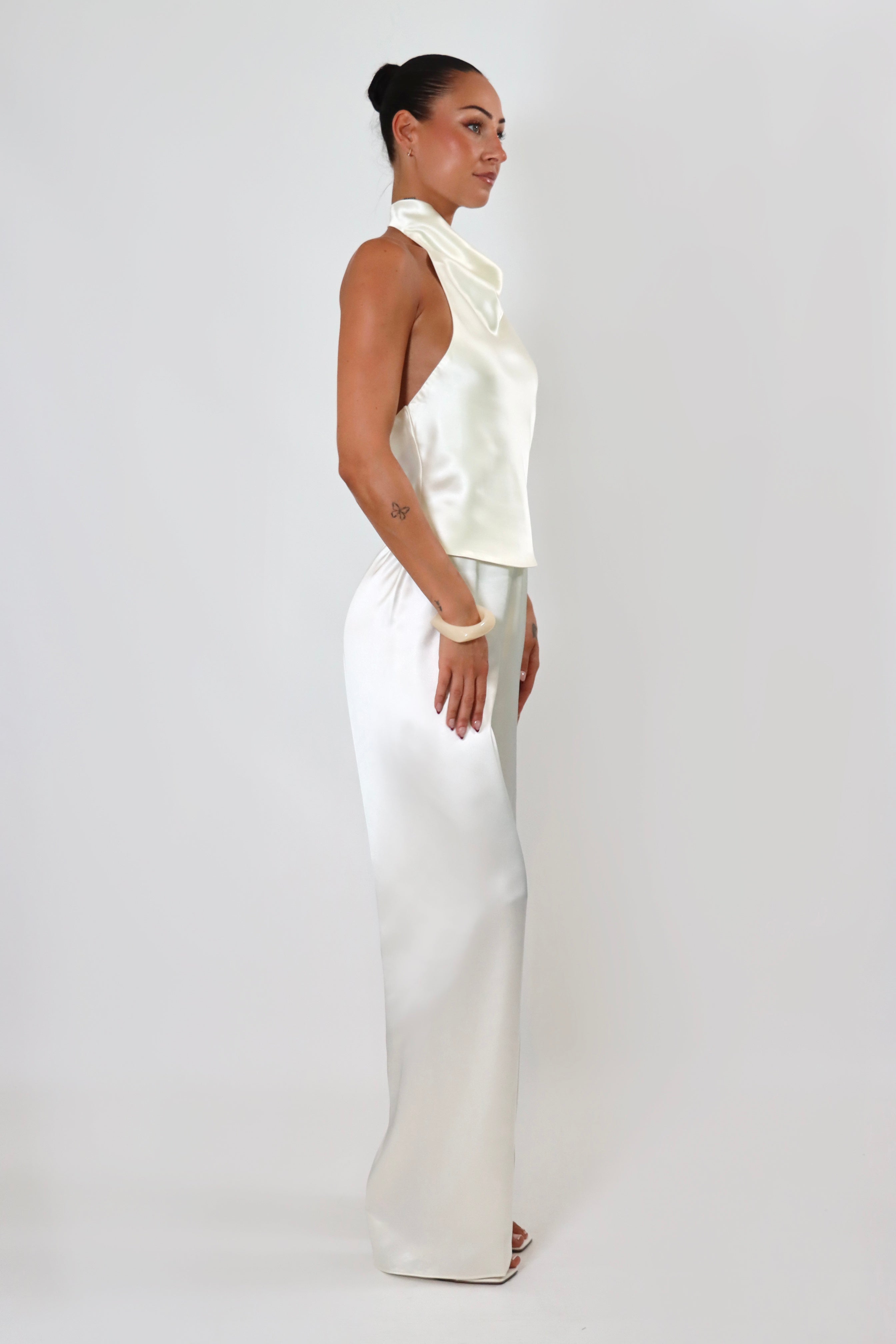 April Seven April Satin Top – sleeveless backless satin blouse with draped cowl neckline in soft satin