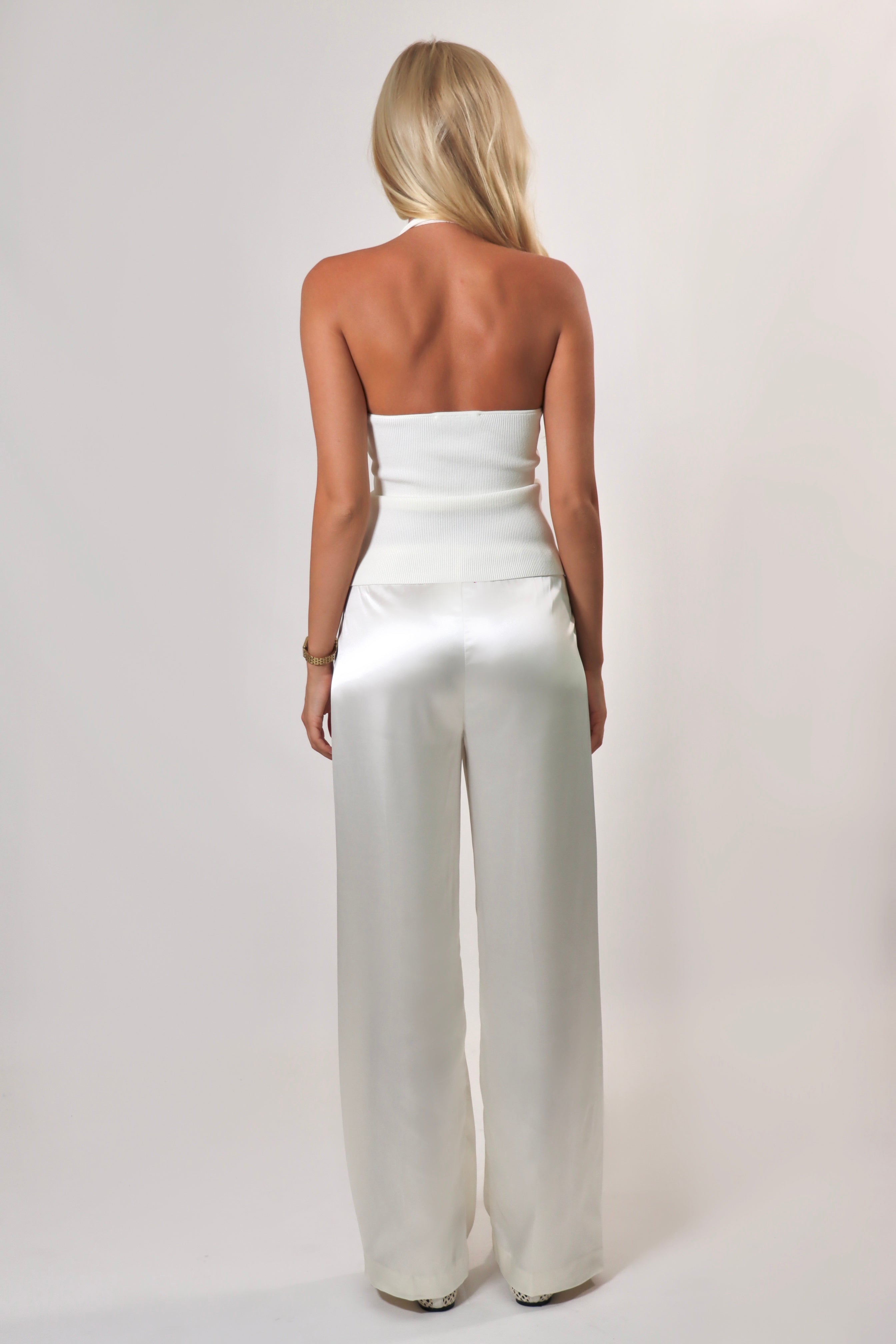 Ivory satin pants with flowy drape and wide leg – April Seven